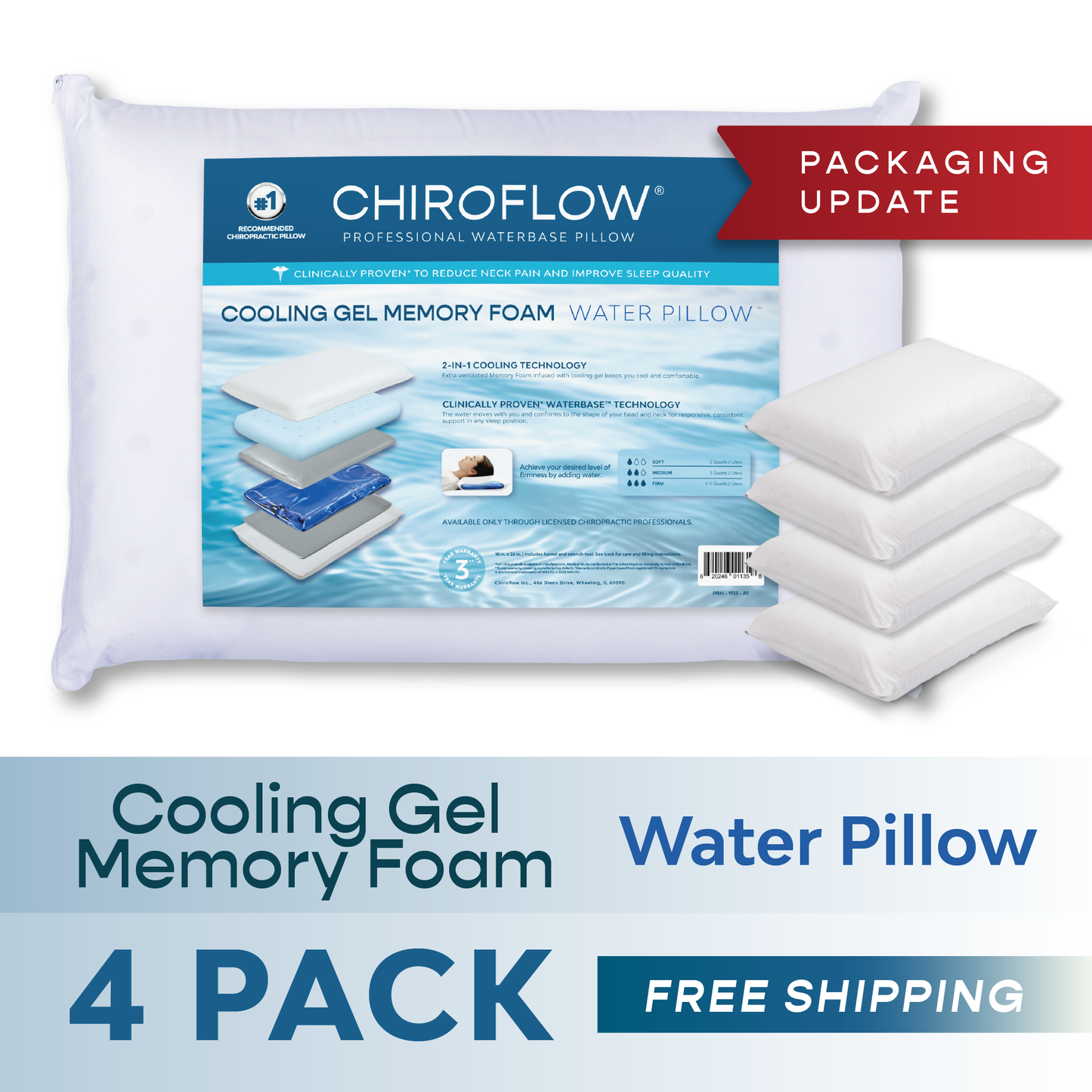 Chiroflow Cooling Gel Memory Foam Water Pillows - 4 Pack