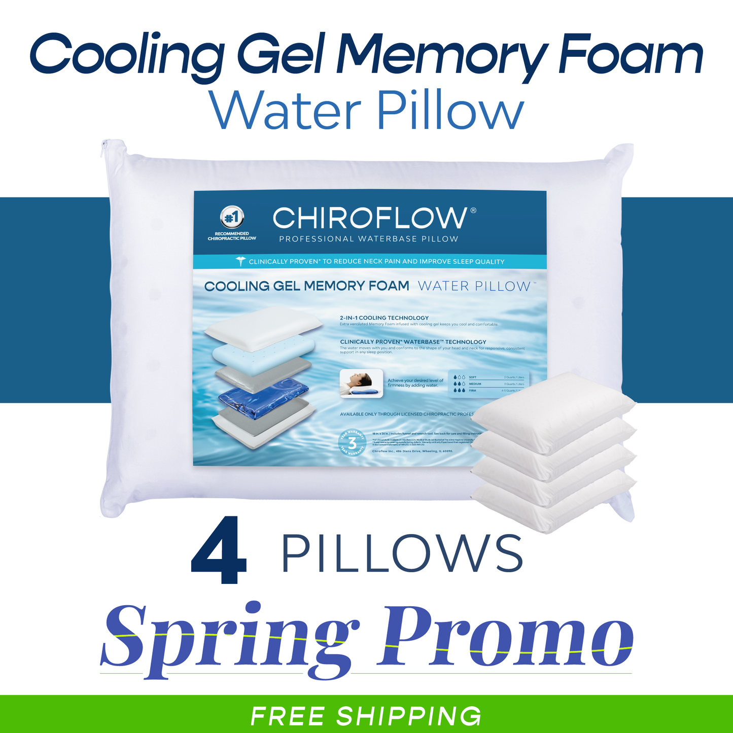 Chiroflow Cooling Gel Memory Foam Water Pillows - 4 Pack