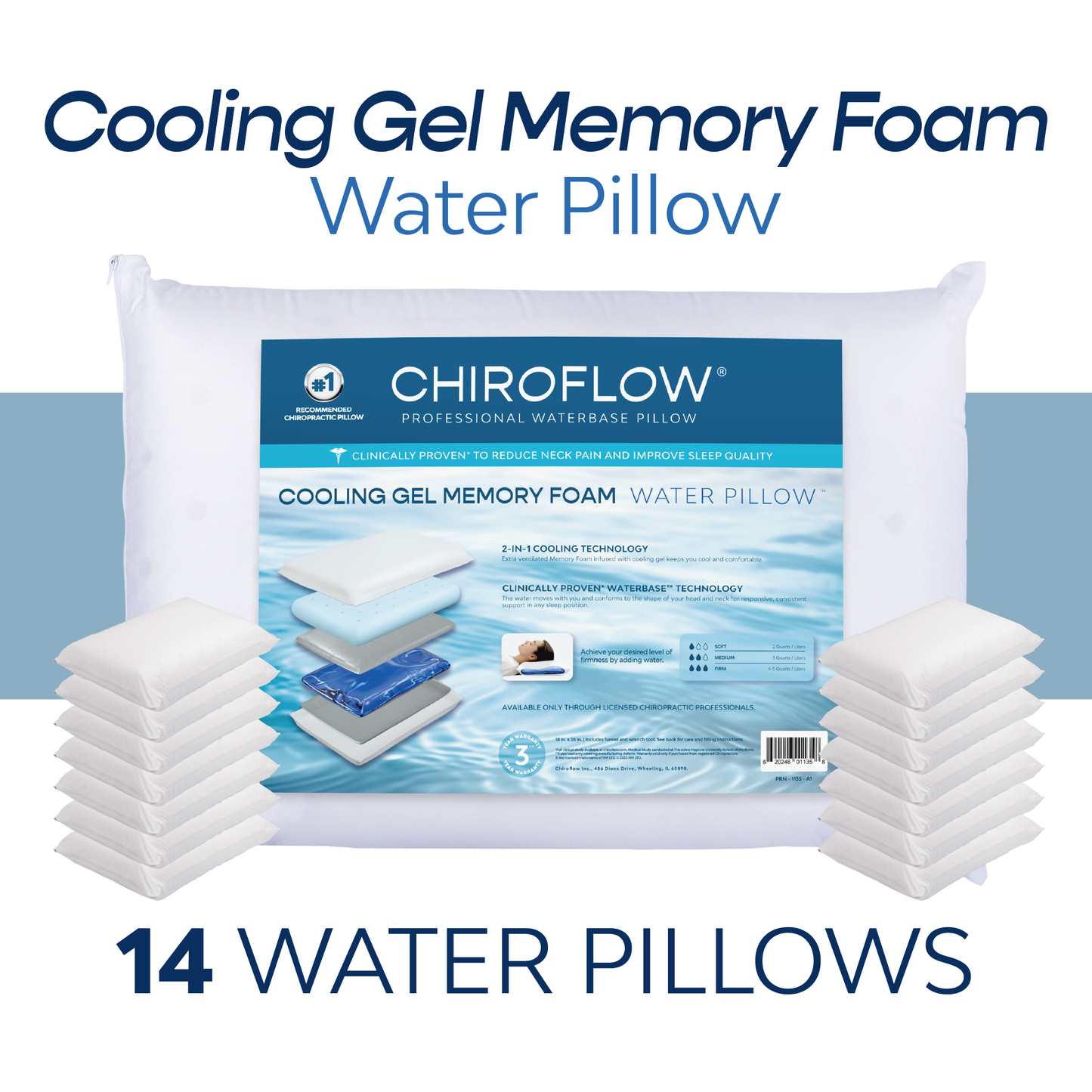Chiroflow Cooling Gel Memory Foam Water Pillows (Holiday Multi-Pack Options)