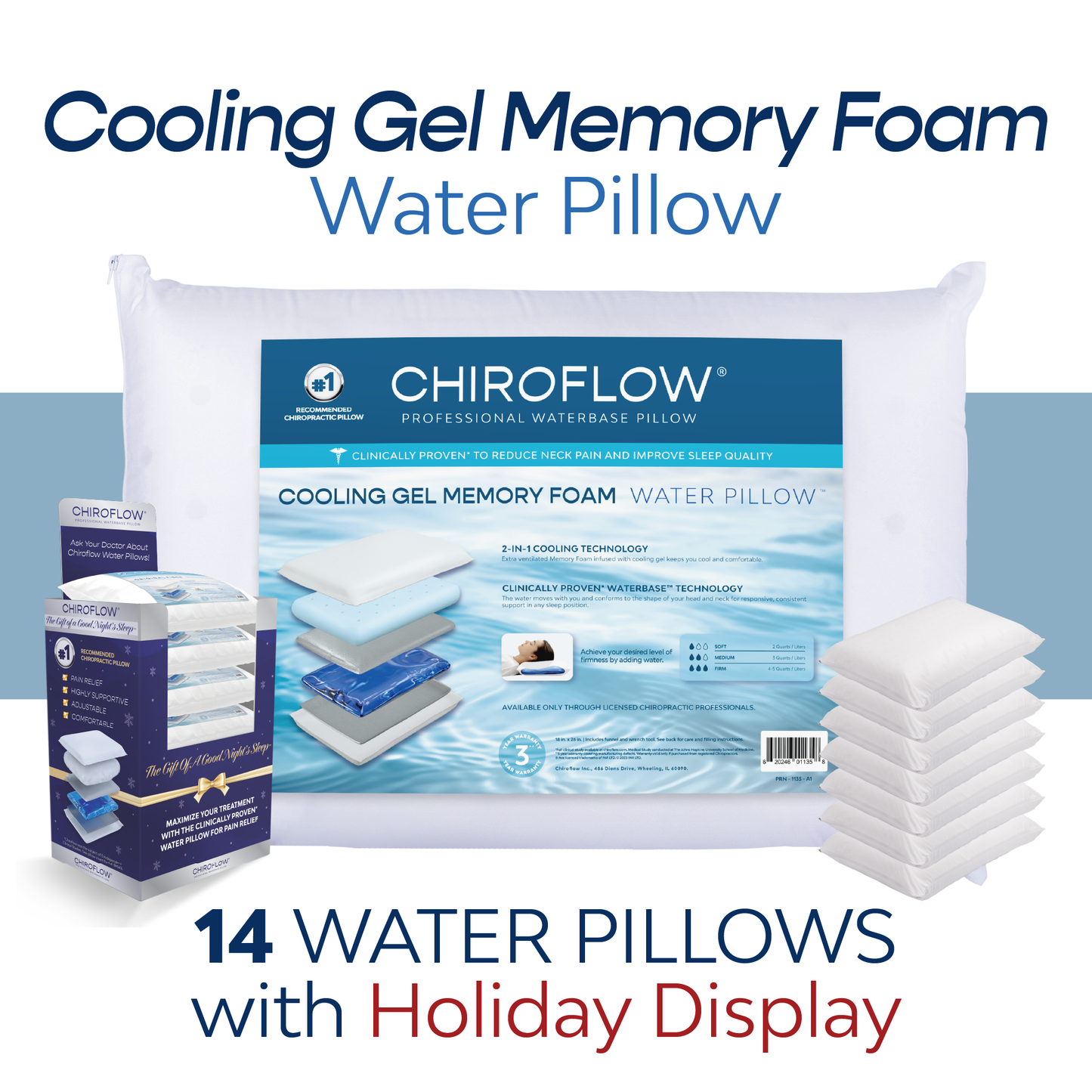 Chiroflow Cooling Gel Memory Foam Water Pillows (Holiday Multi-Pack Options)