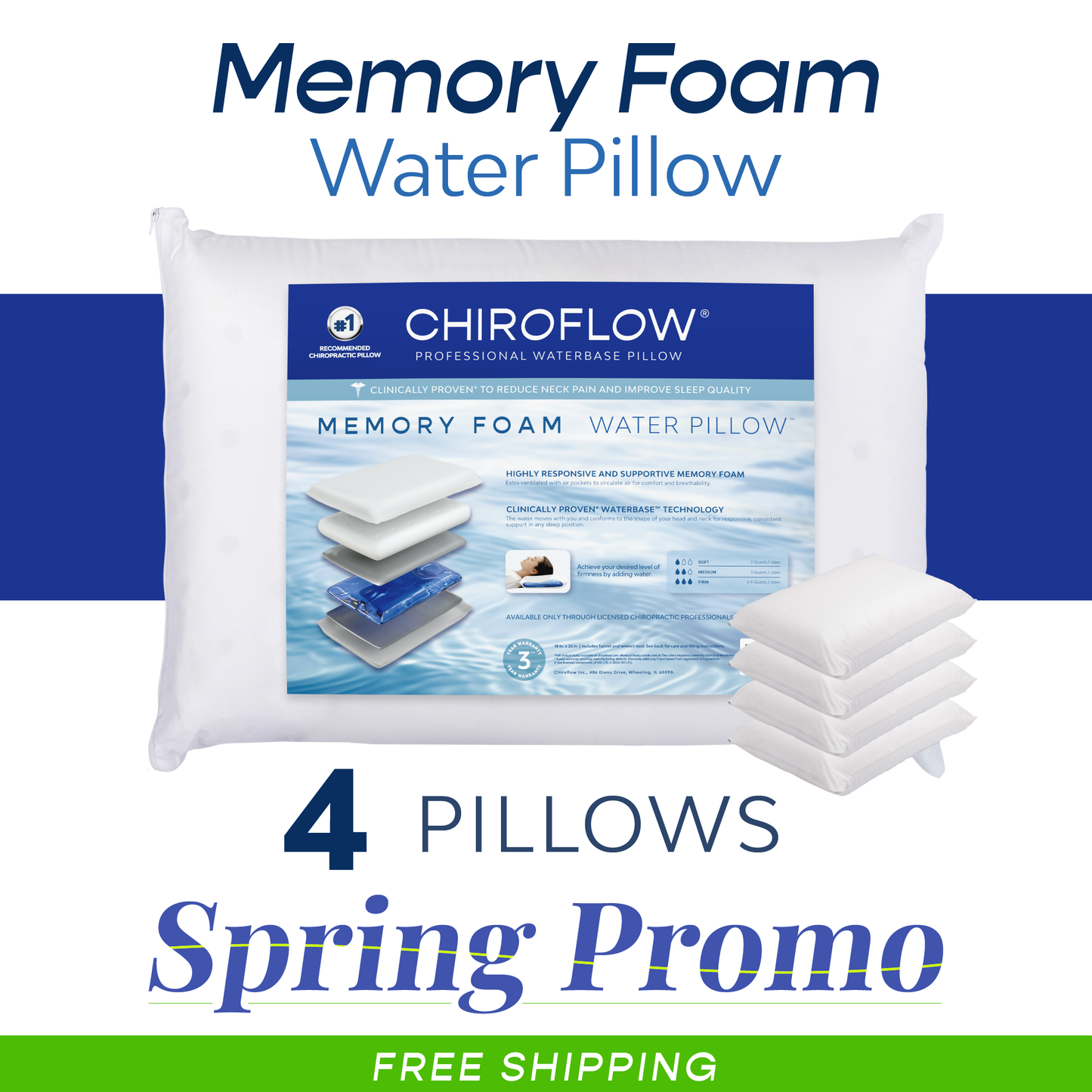 Chiroflow Premium Memory Foam Water Pillows - 4 Pack