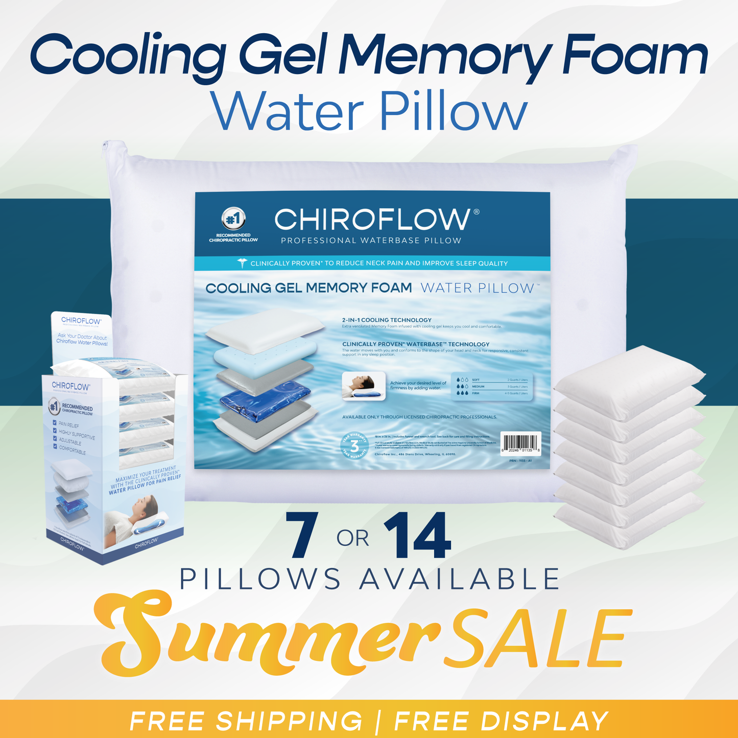 Chiroflow Cooling Gel Memory Foam Water Pillows - Multi-Pack Options